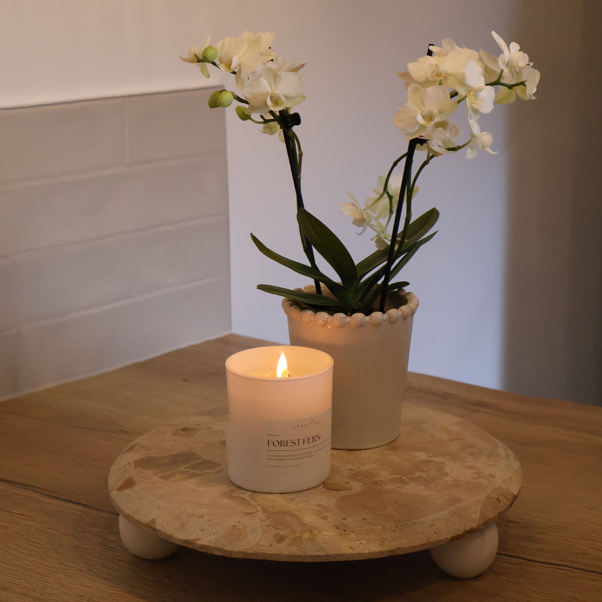Candle and potted orchid on a marble riser  in a kitchen setting